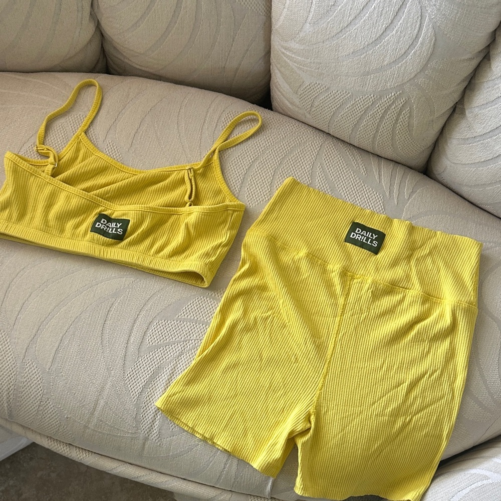 Daily Drills Vibrant Yellow Ribbed Sports Bra and Shorts